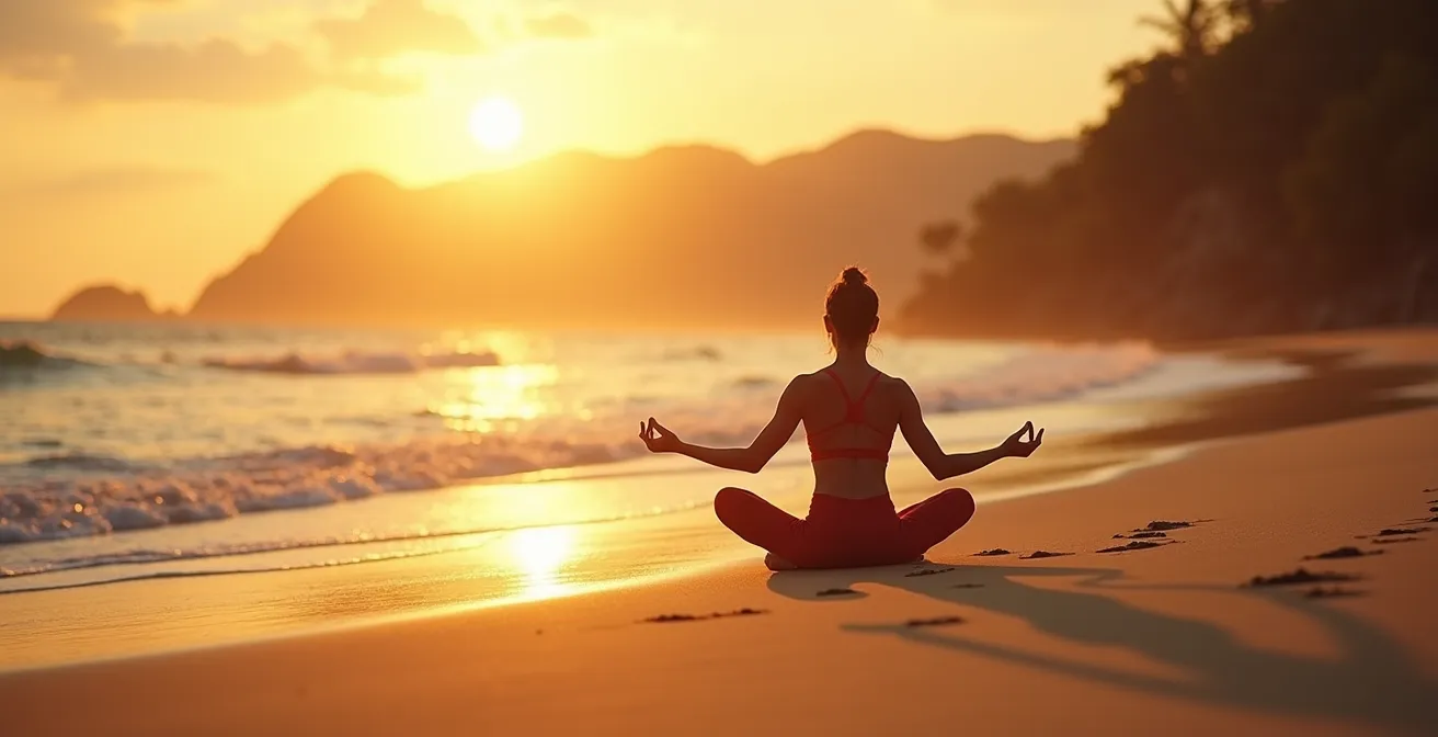 Personne pratiquant yoga et détente active sur une plage thaïlandaise au coucher du soleil