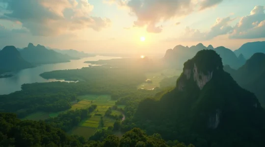 Paysages variés de Thaïlande montrant des karsts, des montagnes, des rizières et des mangroves.