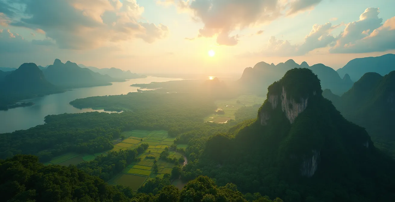 Paysages variés de Thaïlande montrant des karsts, des montagnes, des rizières et des mangroves.