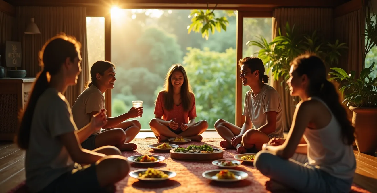 Moment convivial entre voyageurs et famille thaïlandaise autour d'un repas partagé dans une maison traditionnelle