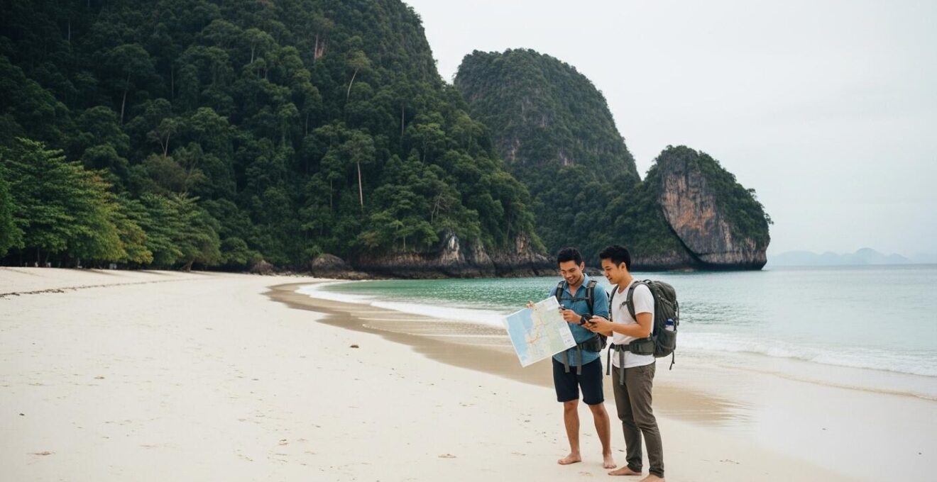 Couple explorant une plage secrète entourée de végétation luxuriante en Thaïlande.