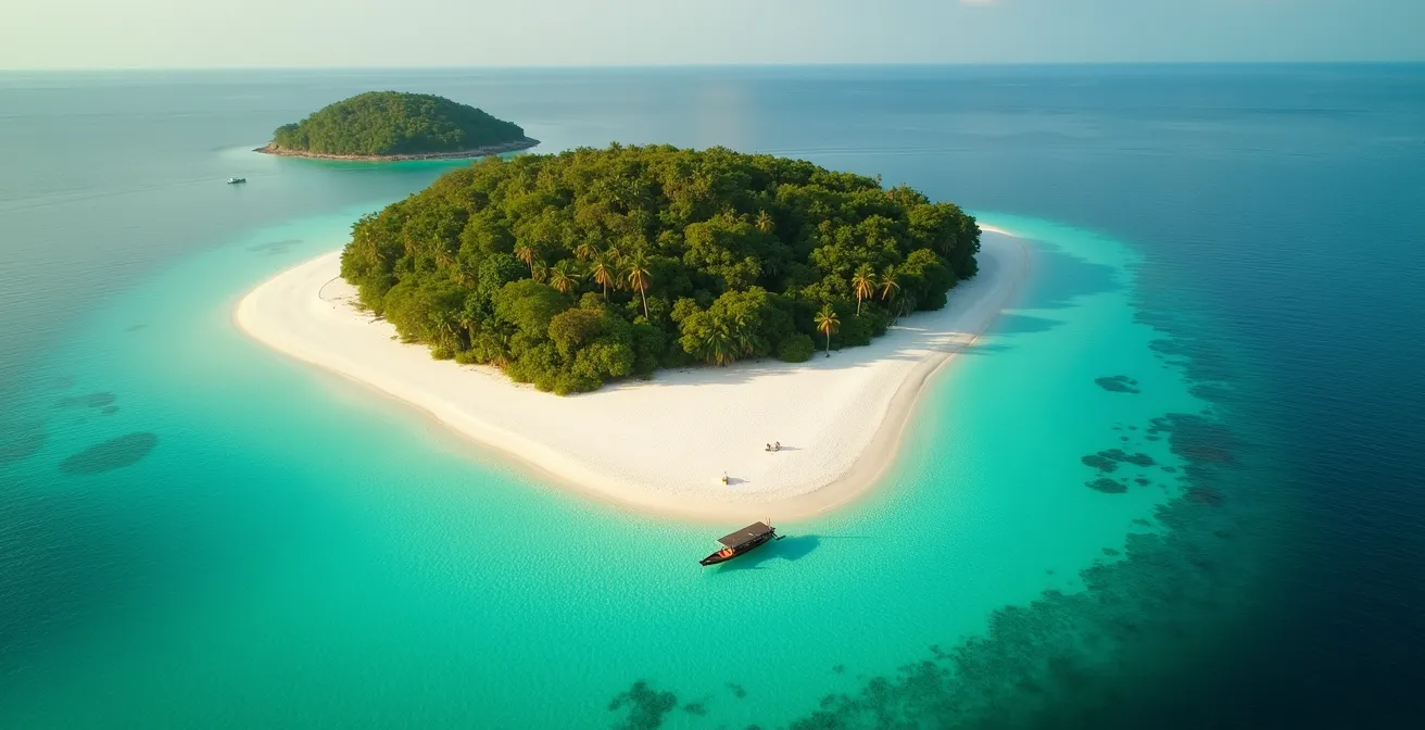 Photographie aérienne d'un petit archipel isolé dans la mer d'Andaman, avec des eaux turquoises, des plages de sable blanc et une végétation dense, sans signe de développement humain.