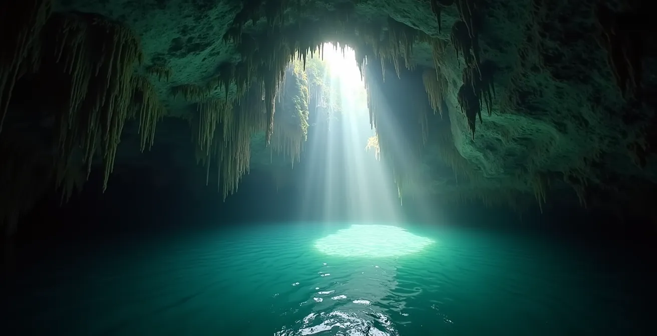 Grotte marine à Krabi avec stalactites et lumière naturelle filtrant depuis l'extérieur.
