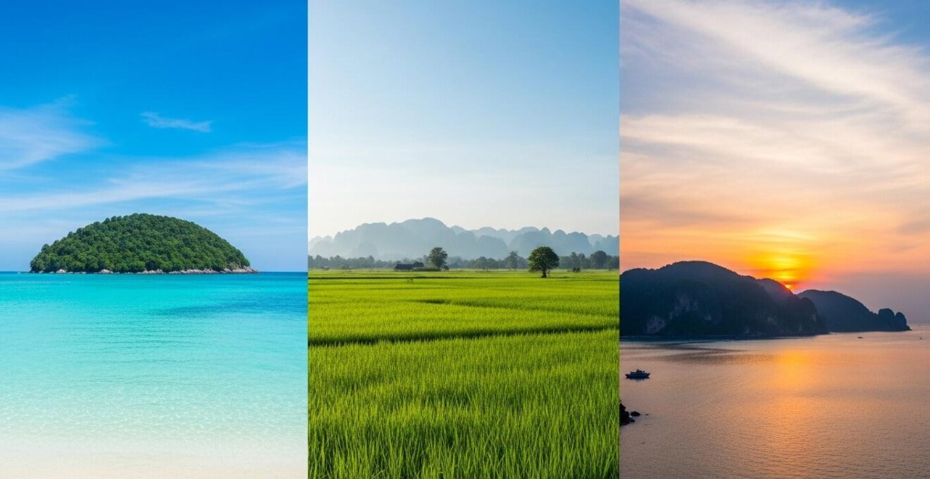 Paysage comparatif : plage turquoise de Koh Lipe, rizières verdoyantes de Chiang Mai, coucher de soleil sur Phuket.