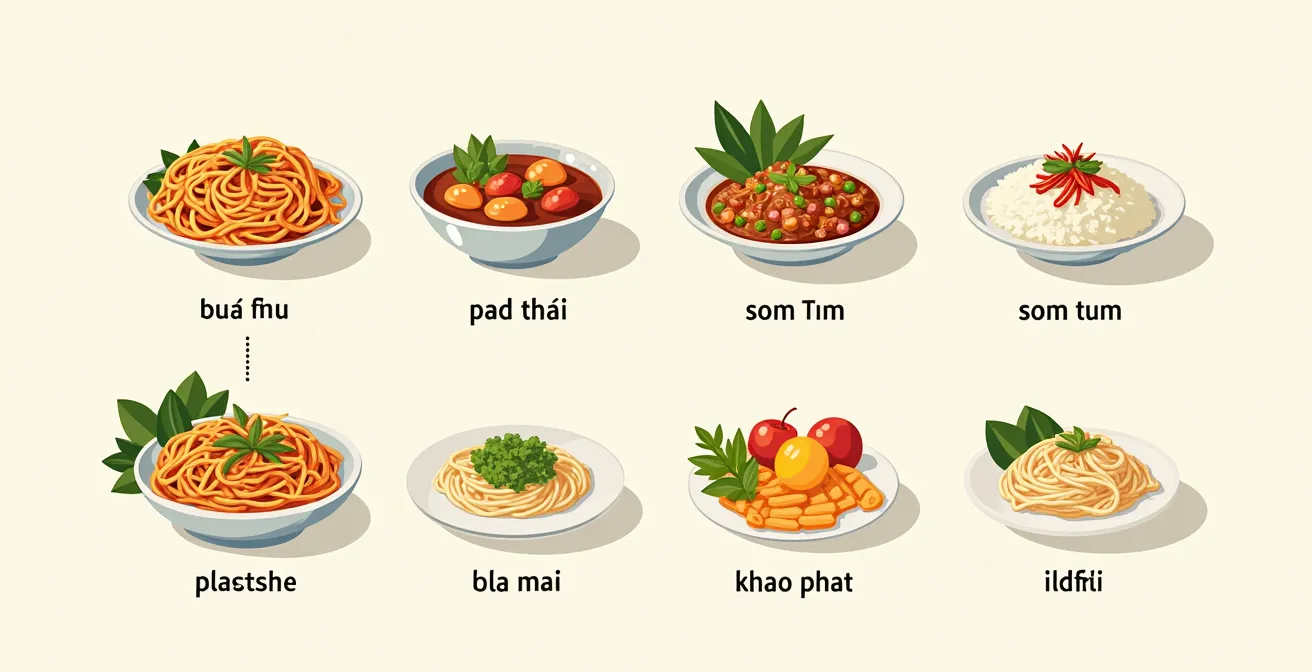 Illustration graphique des dix plats typiques et leurs ingrédients clés pour la street food thaïlandaise