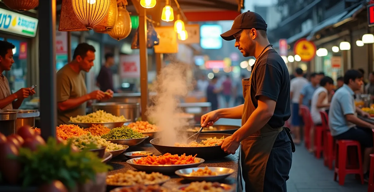 Une scène de rue animée à Bangkok avec un vendeur thaï préparant des plats de street food devant une foule locale