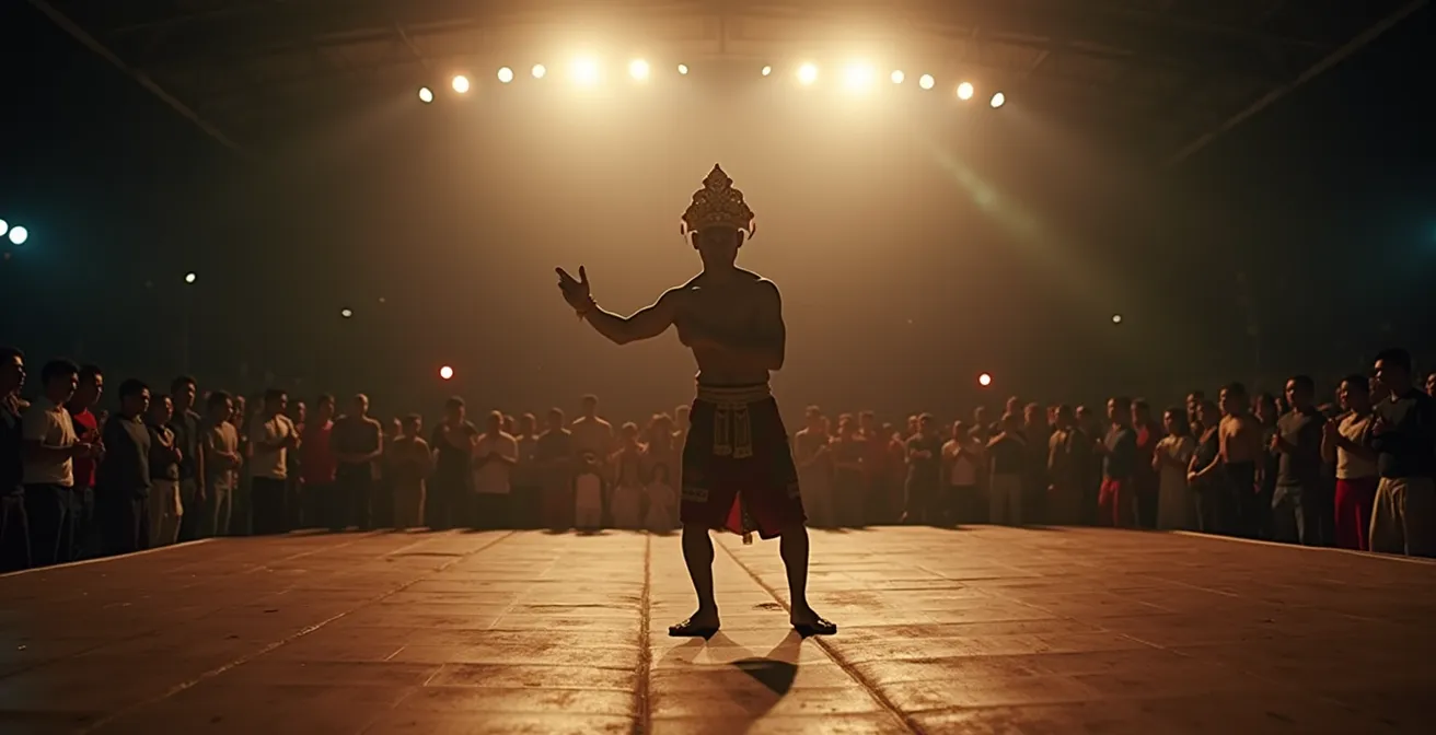 Combattant de Muay Thai effectuant le rituel Wai Khru Ram Muay dans un stade traditionnel avec ambiance spirituelle