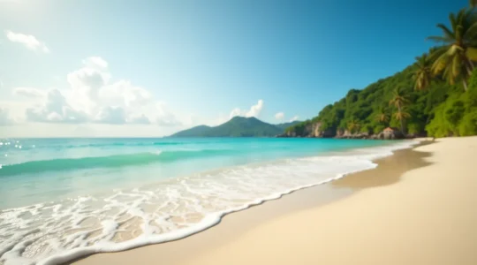 Plage paradisiaque thaïlandaise avec sable blanc, eaux turquoise et végétation luxuriante sous un ciel bleu