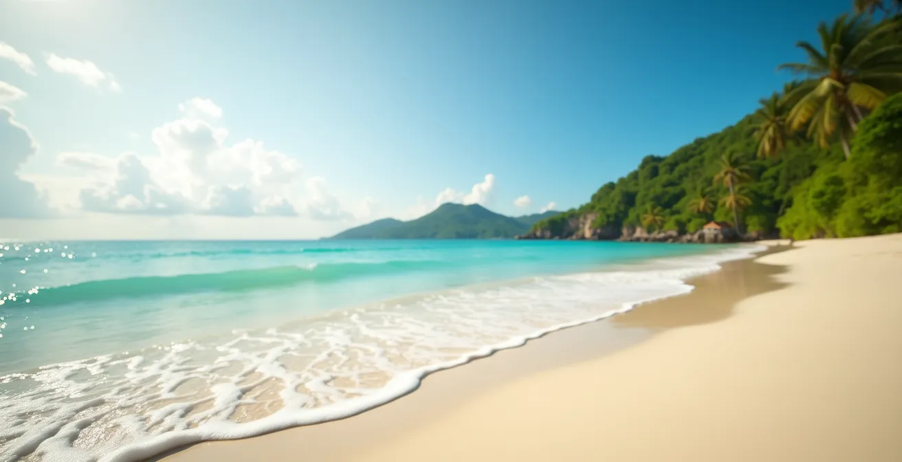 Plage paradisiaque thaïlandaise avec sable blanc, eaux turquoise et végétation luxuriante sous un ciel bleu