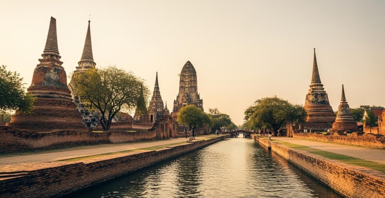 Vue d’ensemble artistique des ruines d’Ayutthaya avec ses canaux, anciens quartiers étrangers et architectures prangs et chedis représentant le patrimoine historique