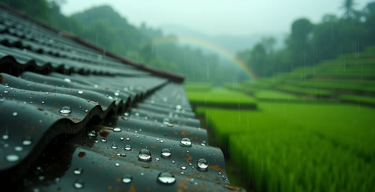Scène immersive montrant un paysage de rizières verdoyantes sous la pluie avec un arc-en-ciel et des gouttes tombant sur un toit traditionnel thaïlandais