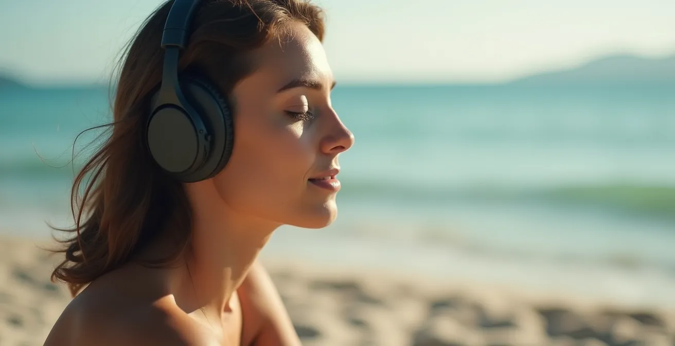 Personne assise sur la plage avec écouteurs, entre silence et sons de la nature