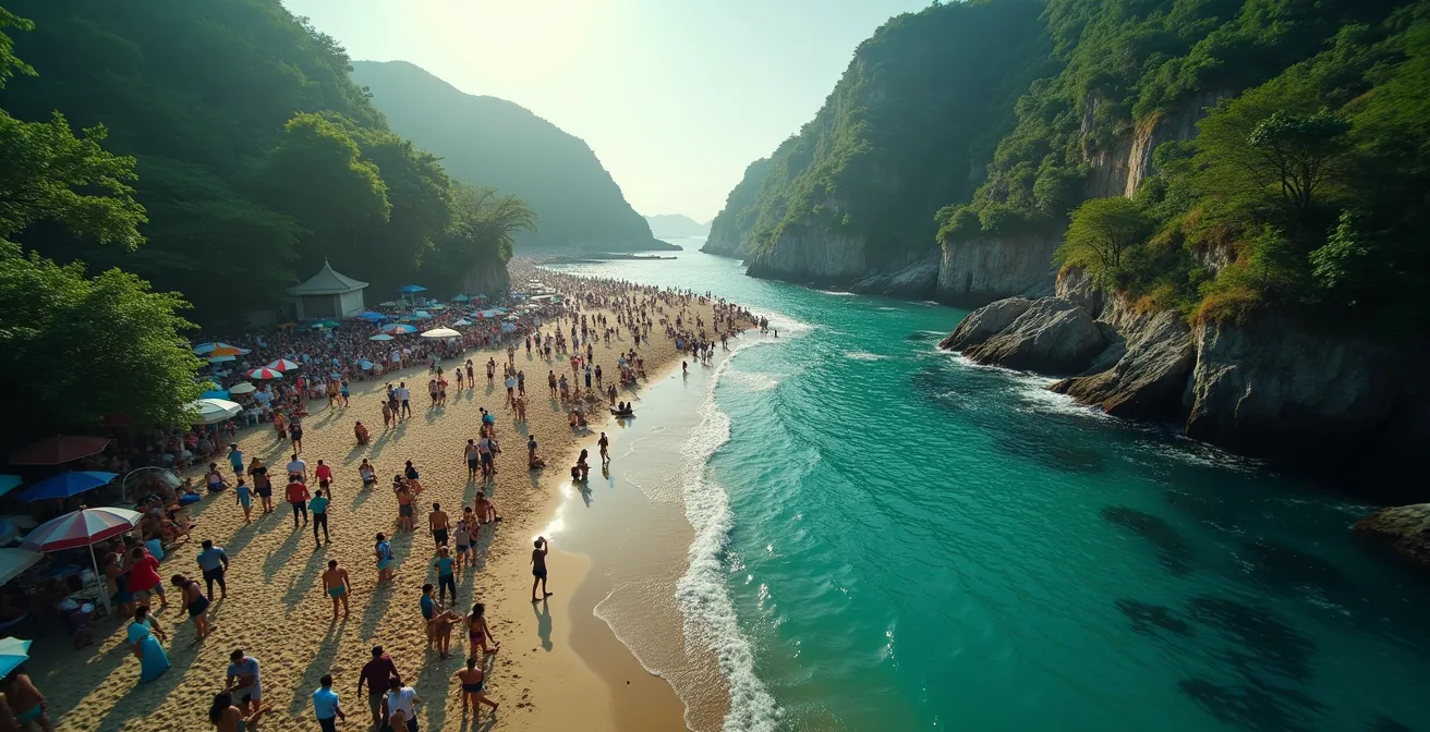 Paysage contrasté entre un site touristique surchargé et un lieu naturel préservé en Thaïlande
