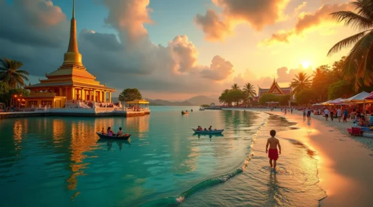 Paysage combiné entre plages paradisiaques, temples traditionnels thaïlandais et scènes urbaines animées illustrant la diversité touristique de la Thaïlande