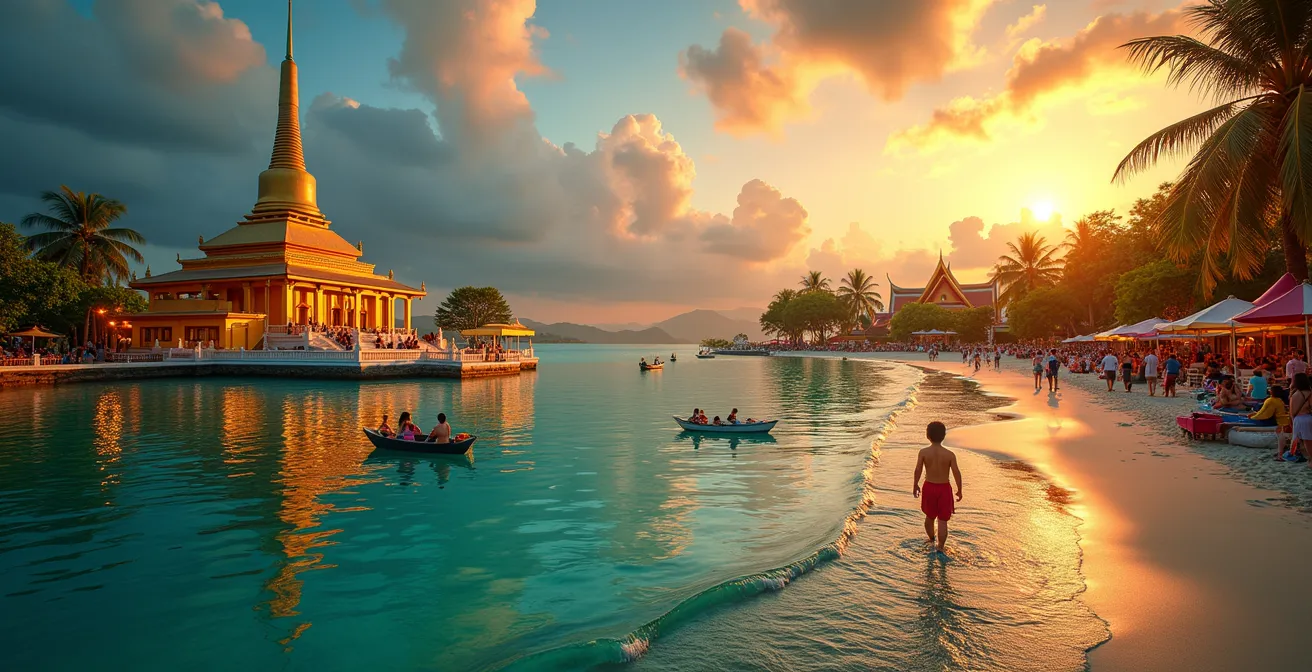 Paysage combiné entre plages paradisiaques, temples traditionnels thaïlandais et scènes urbaines animées illustrant la diversité touristique de la Thaïlande
