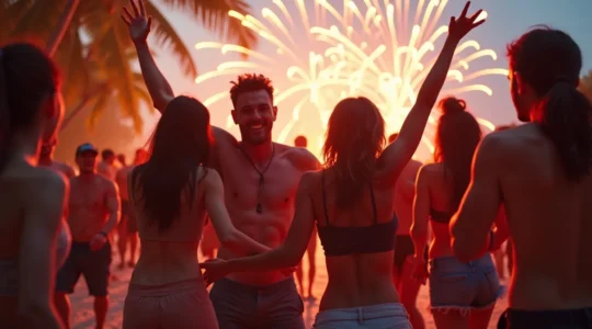 Groupe d'amis en voyage festif et aventureux en Thaïlande, mélangeant ambiance de fête et moments d'amitié