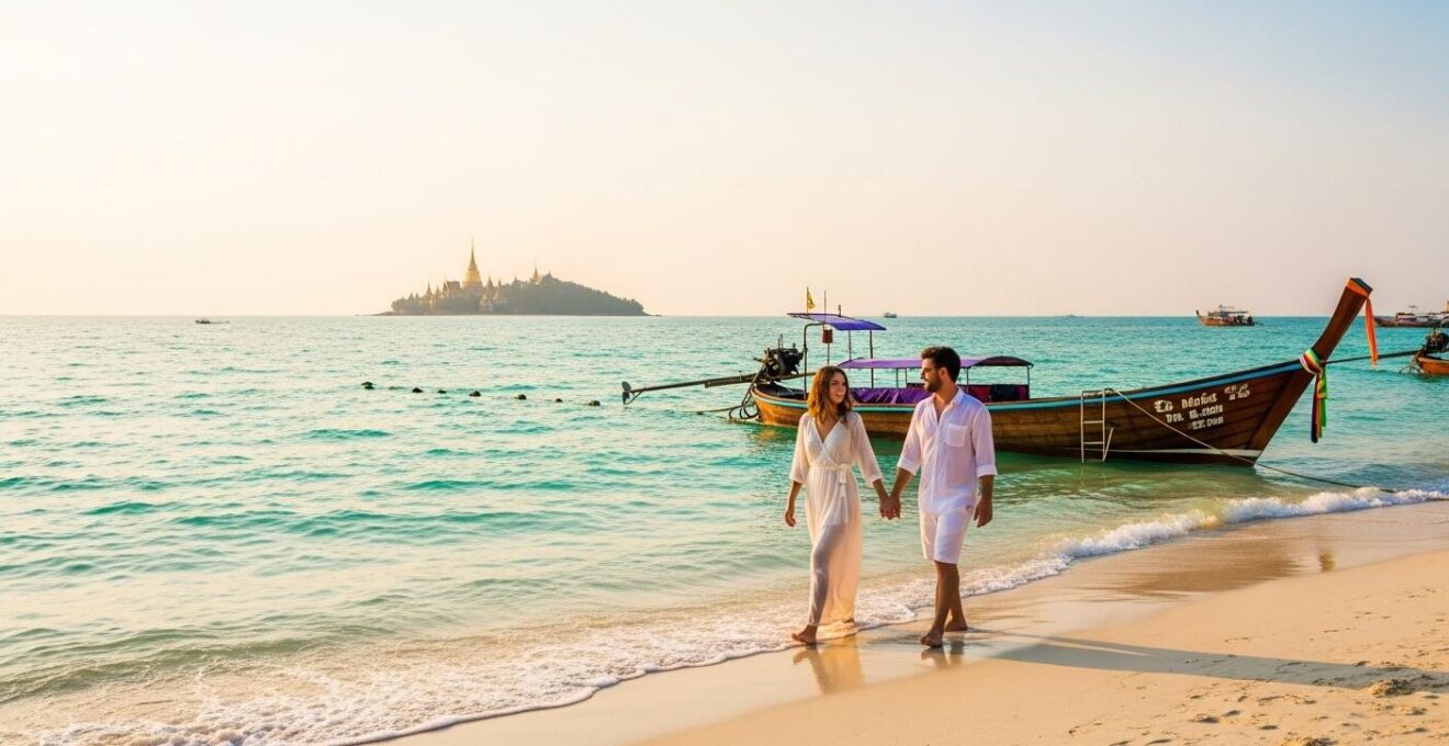 Couple amoureux main dans la main sur une plage thaïlandaise au coucher du soleil avec un temple en arrière-plan.