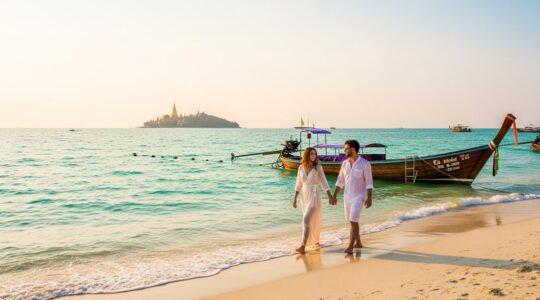 Couple amoureux main dans la main sur une plage thaïlandaise au coucher du soleil avec un temple en arrière-plan.