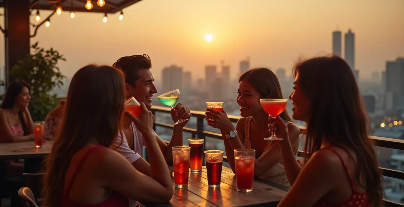 Jeunes sur un rooftop de Bangkok au coucher du soleil, buvant des cocktails avec vue panoramique sur la ville illuminée