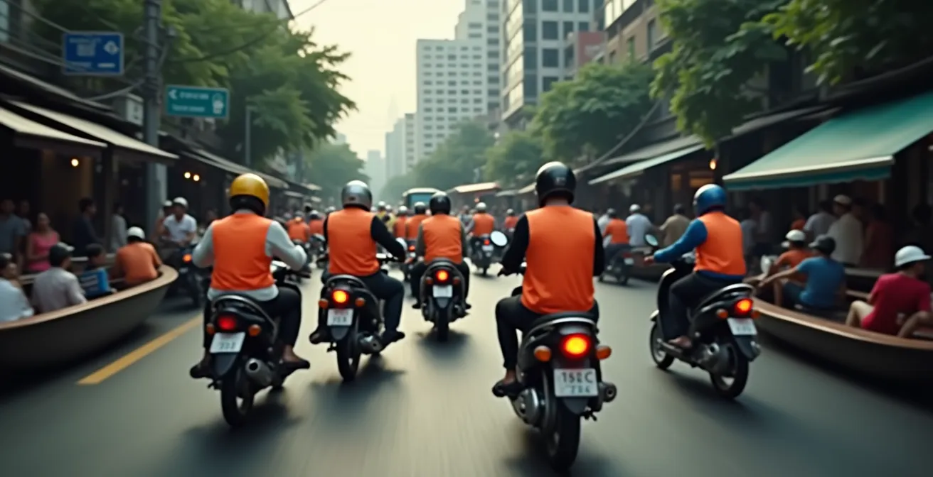 Scène dynamique du chaos des transports à Bangkok montrant motos-taxis, bateaux sur canal et utilisateurs avec applications mobiles