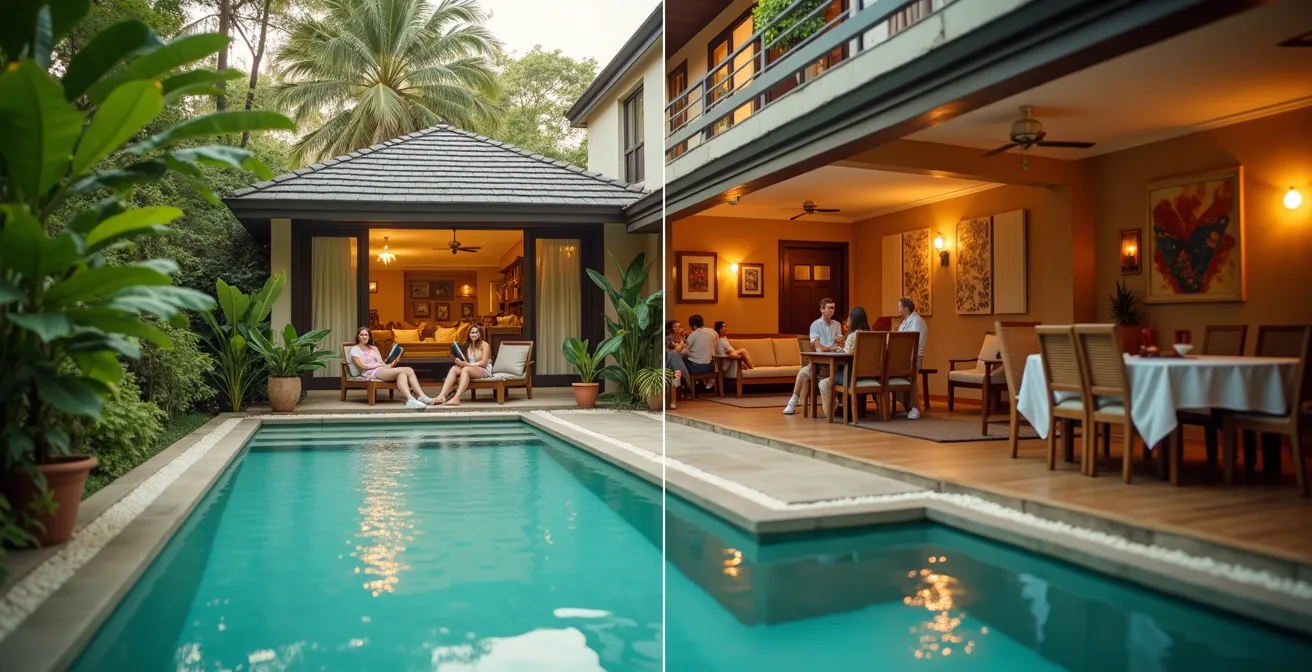 Comparaison visuelle entre une villa privée luxueuse avec piscine et une auberge de jeunesse moderne et conviviale en Thaïlande
