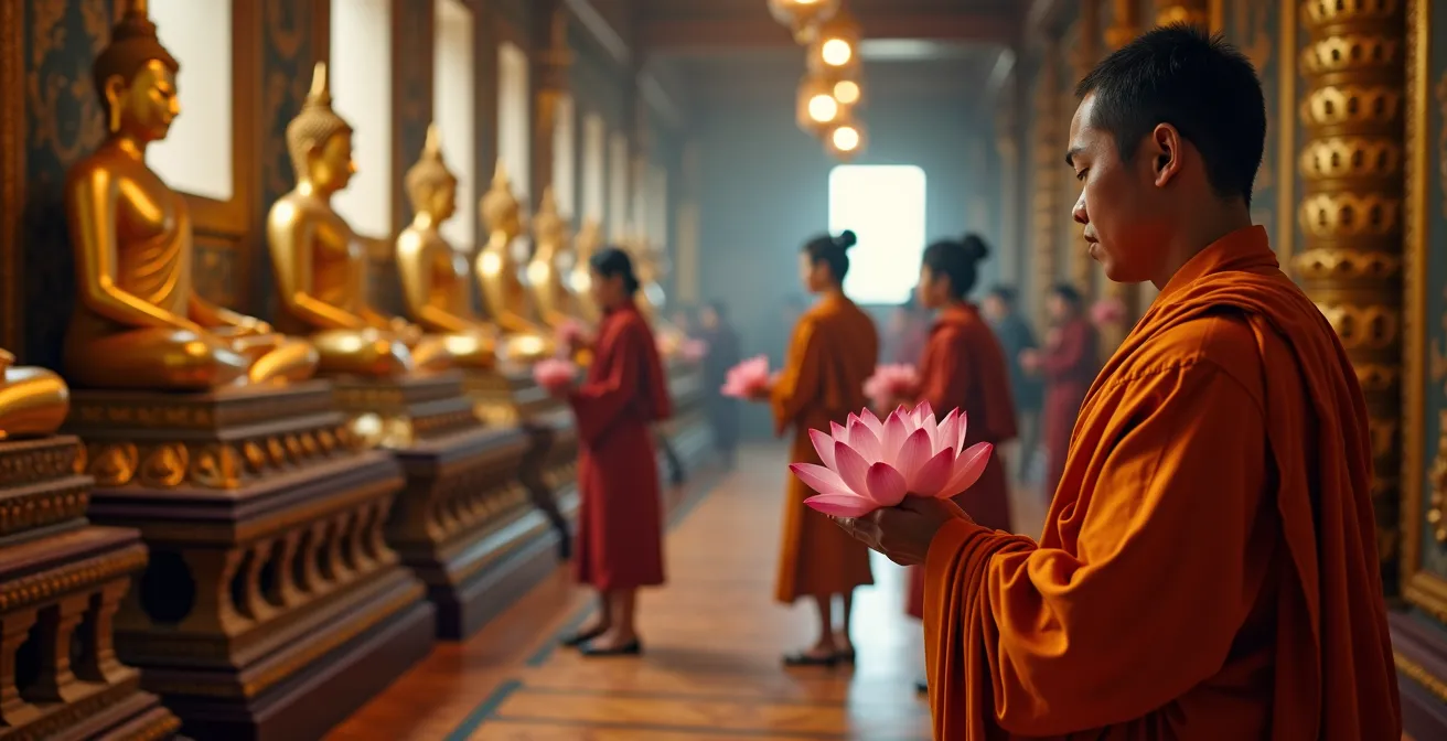 Visiteurs respectueux dans un temple bouddhiste thaïlandais, habillés selon le code vestimentaire, effectuant une offrande dans une ambiance spirituelle calme