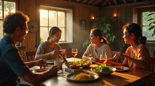 Voyageur partageant un repas traditionnel avec une famille thaïlandaise dans une maison typique de campagne, ambiance chaleureuse et conviviale