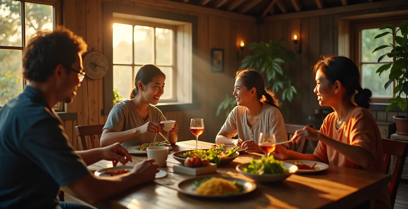 Voyageur partageant un repas traditionnel avec une famille thaïlandaise dans une maison typique de campagne, ambiance chaleureuse et conviviale