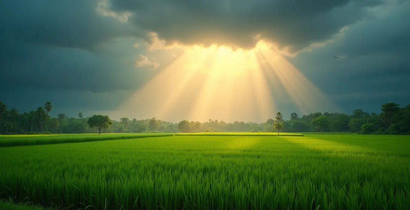 Paysage thaïlandais vibrant montrant une scène contrastée de pluie et de soleil avec des rizières verdoyantes, un ciel orageux et un arc-en-ciel