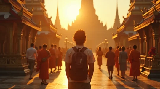 Voyageur contemplant un temple bouddhiste thaïlandais au coucher du soleil, avec des fidèles en prière et des éléments culturels traditionnels visibles