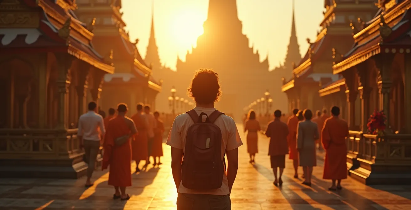 Voyageur contemplant un temple bouddhiste thaïlandais au coucher du soleil, avec des fidèles en prière et des éléments culturels traditionnels visibles