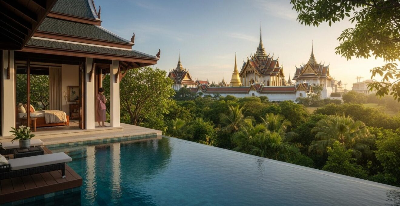 Vue panoramique combinant un paysage naturel thaïlandais luxueux avec un temple ancien et une villa privée moderne