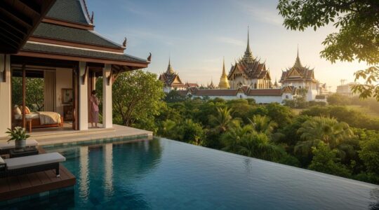 Vue panoramique combinant un paysage naturel thaïlandais luxueux avec un temple ancien et une villa privée moderne