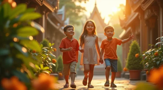 Famille heureuse en Thaïlande avec enfants explorant un temple et la nature, ambiance d'aventure et découvertes culturelles
