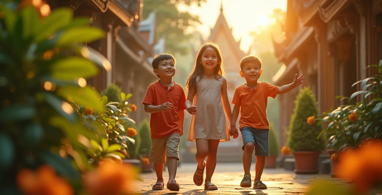 Famille heureuse en Thaïlande avec enfants explorant un temple et la nature, ambiance d'aventure et découvertes culturelles