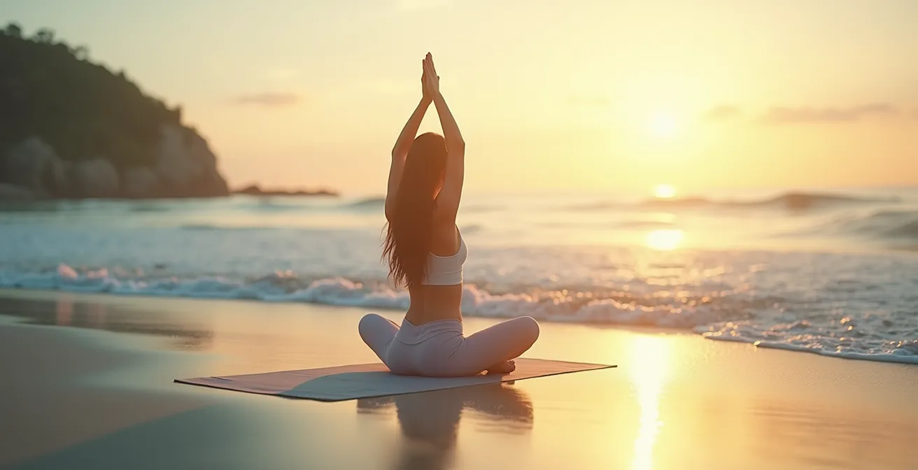 Personne en posture de yoga sur une plage thaïlandaise avec vagues douces en arrière-plan