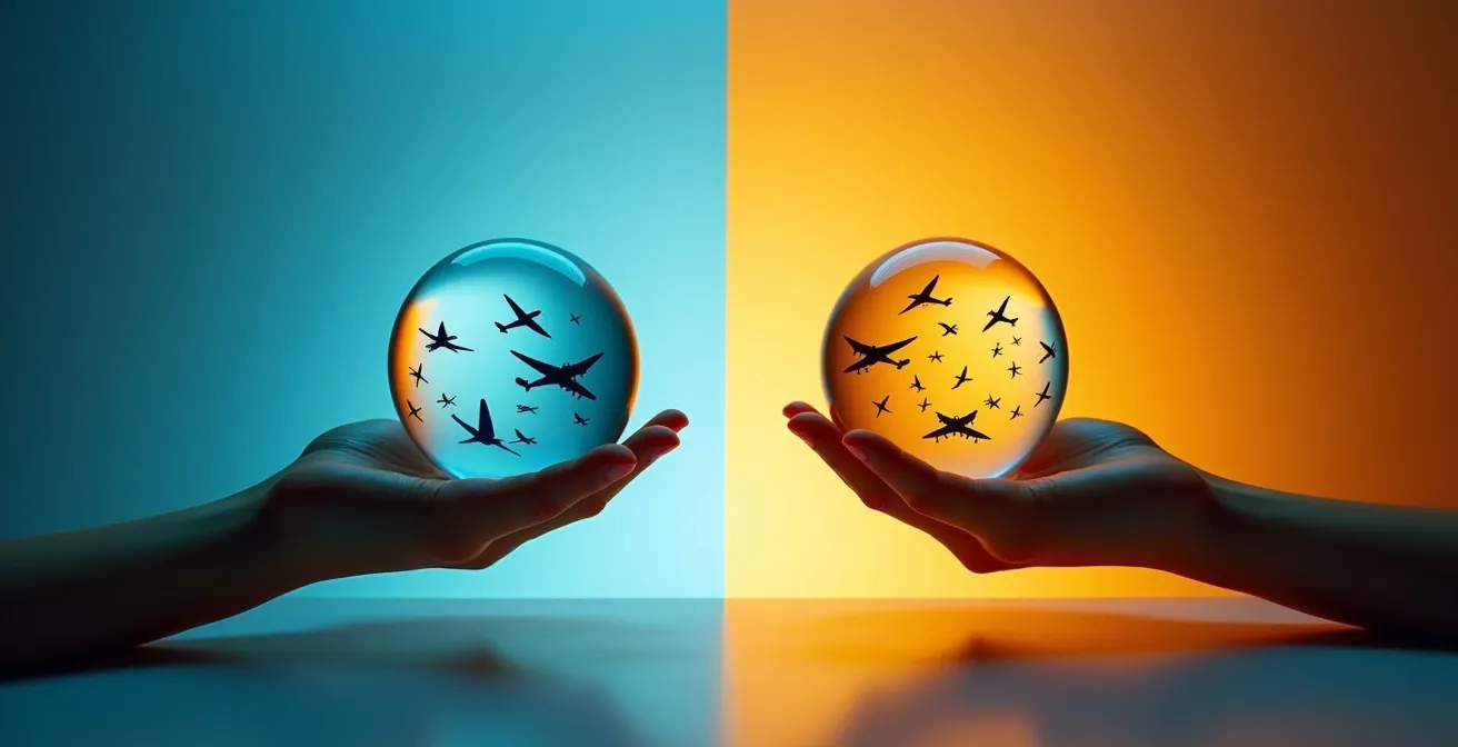 Bureau moderne avec écrans montrant des graphiques de comparaison de prix de vols pour la Thaïlande