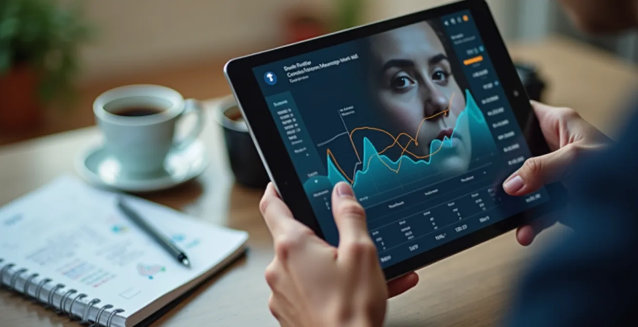 Mains analysant des données de vol sur tablette avec graphiques de prix
