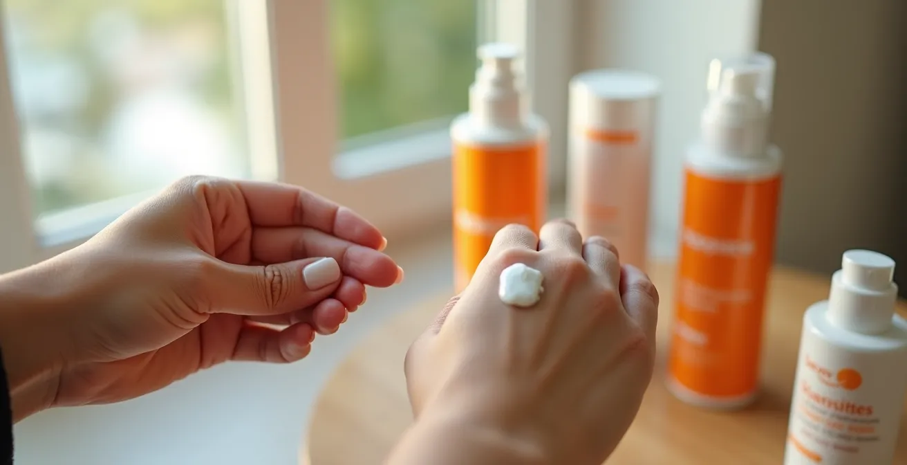 Gros plan sur une main appliquant de la crème solaire avec la technique des deux doigts sur une peau