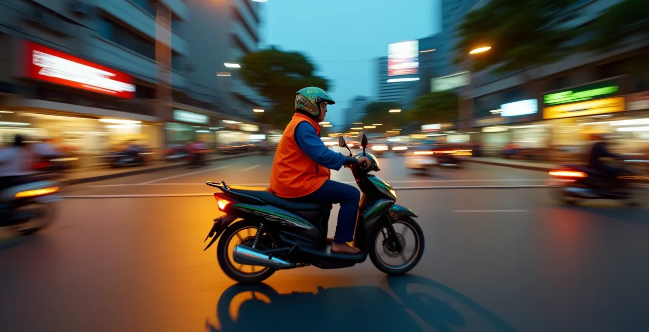 Moto-taxi avec application Grab naviguant dans les rues animées de Bangkok