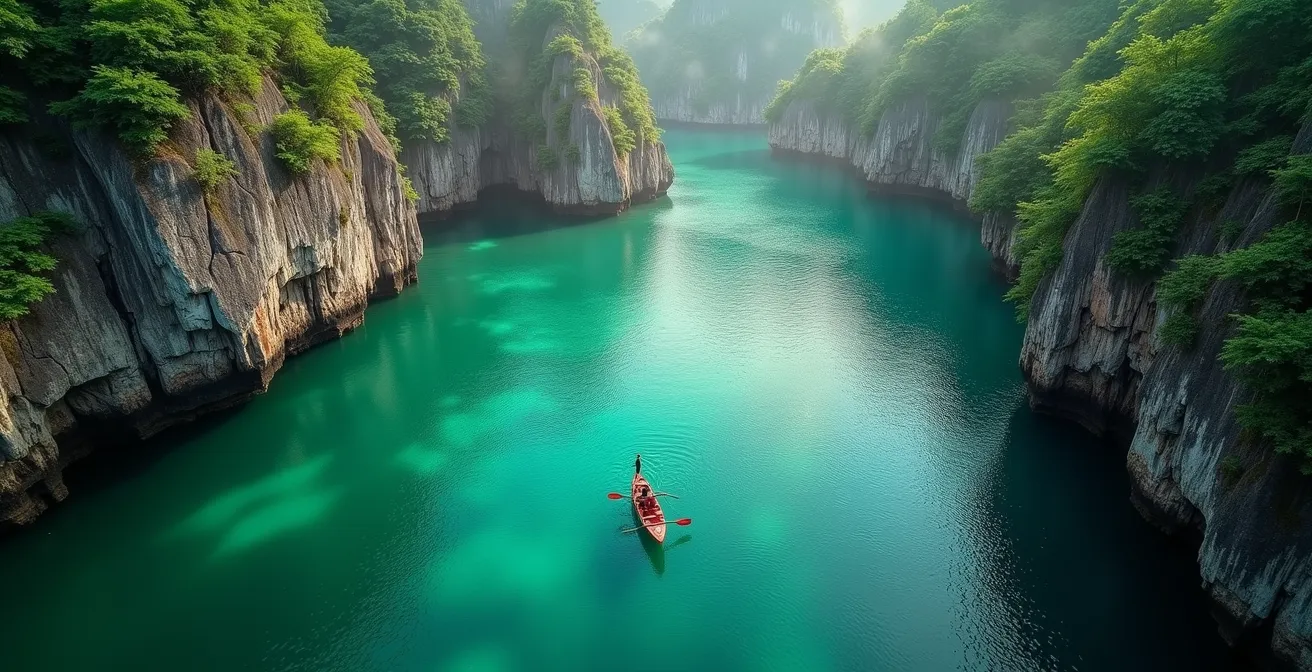 Vue plongeante sur le lagon émeraude d'Ang Thong entouré de falaises karstiques
