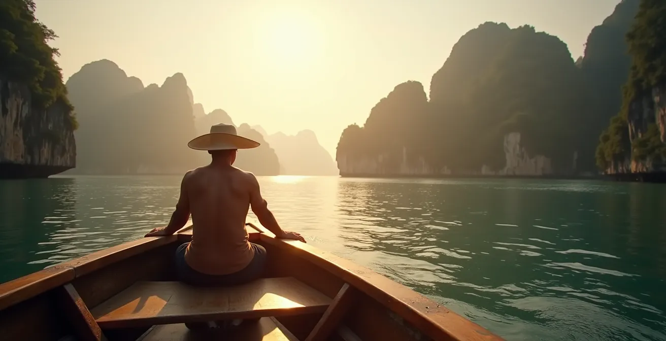 Bateau long-tail traditionnel naviguant entre les îles karstiques de la baie de Phang Nga