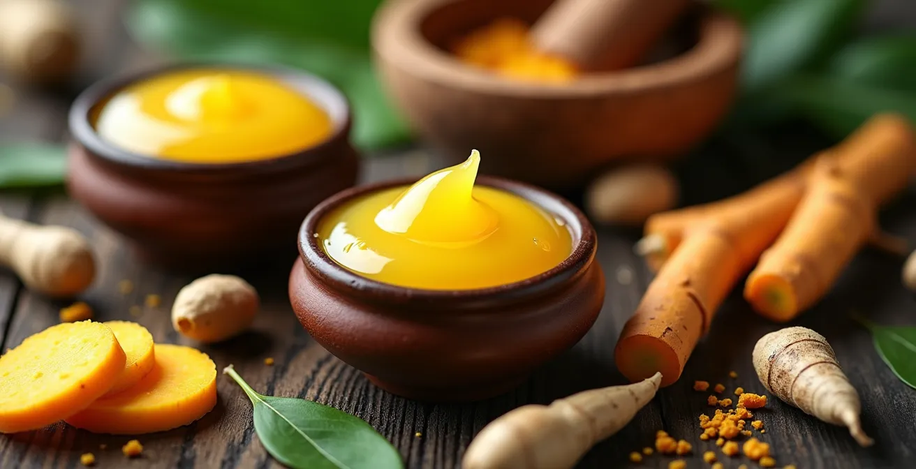 Gros plan sur des pots de baumes traditionnels thaïlandais avec des herbes fraîches et des racines de plai