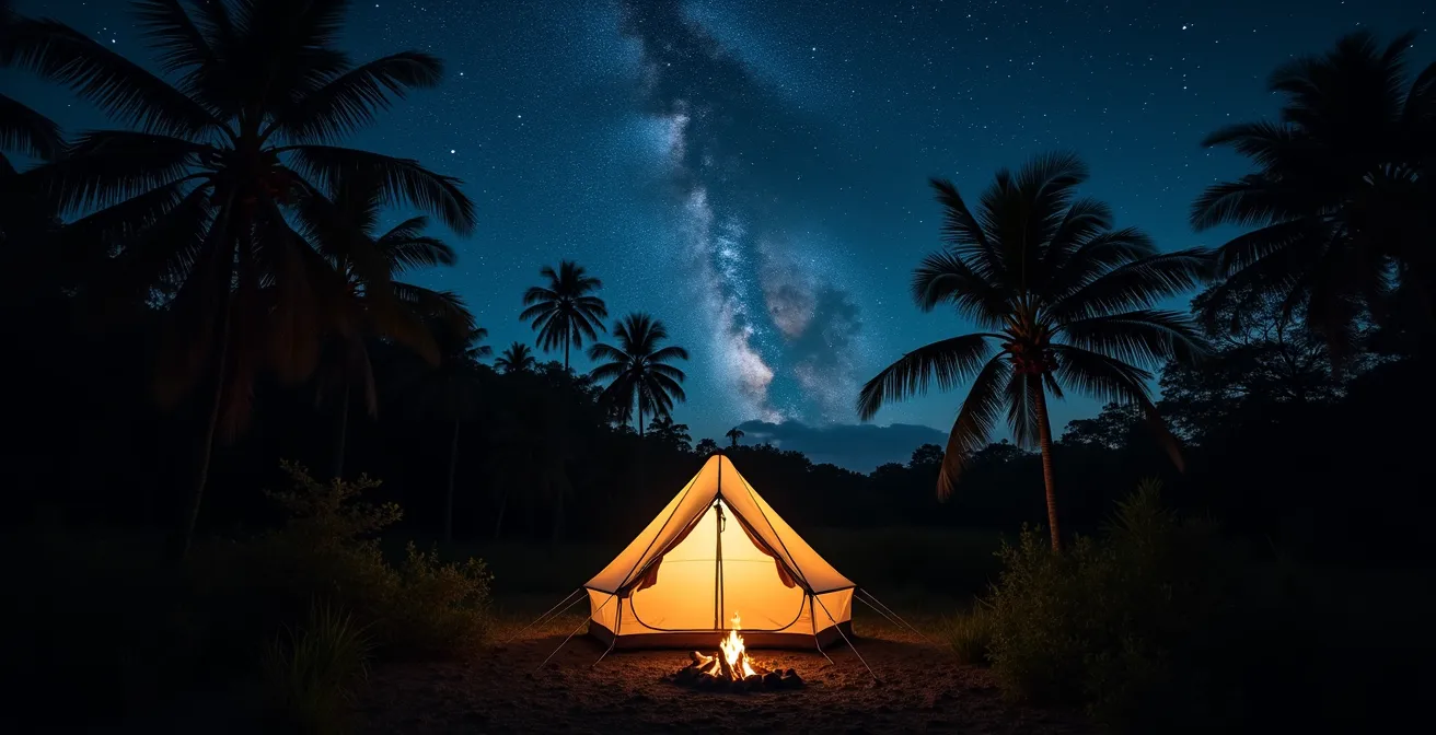 Campement nocturne sous un ciel étoilé dans un parc national thaïlandais