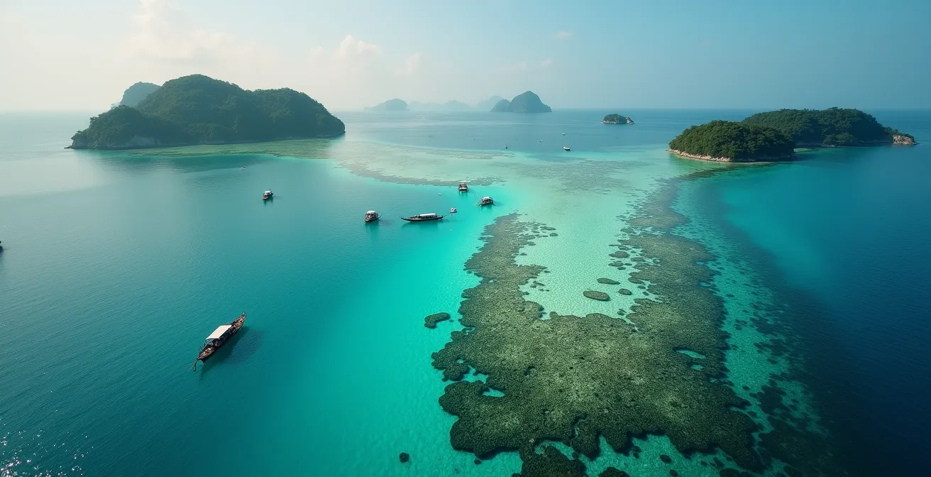 Vue aérienne montrant les deux côtes de la Thaïlande avec les principaux sites de plongée