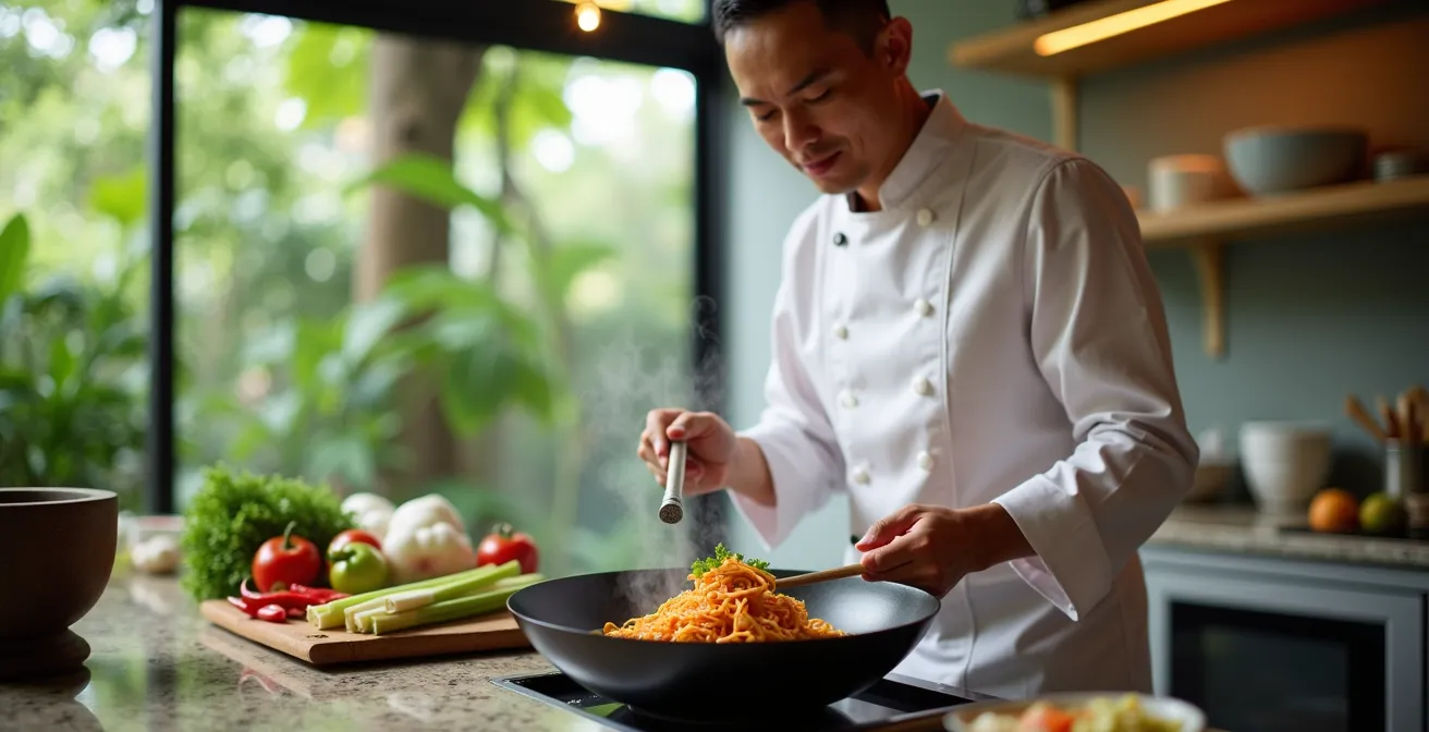 Chef thaïlandais préparant un repas gastronomique dans une cuisine de villa moderne avec vue sur jardin tropical