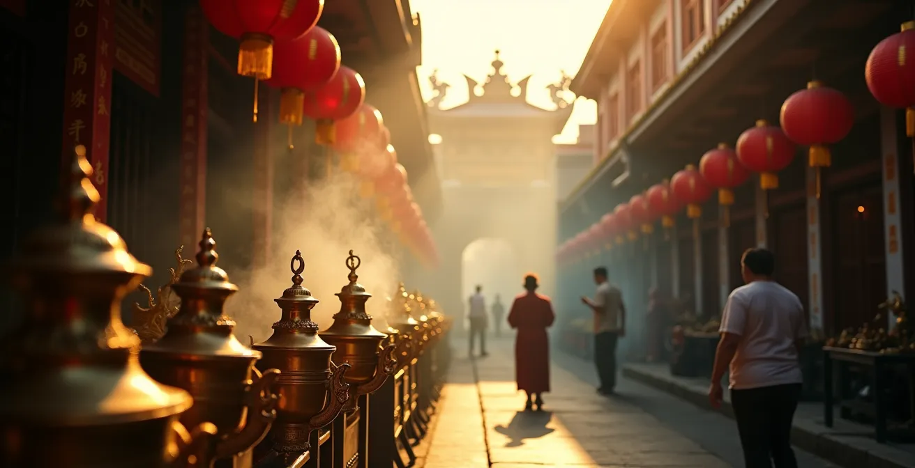 Ruelle de Chinatown Bangkok avec fumée d'encens s'échappant d'un temple chinois