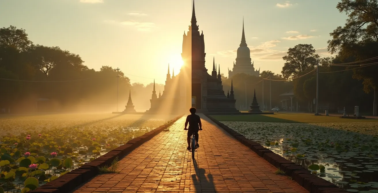 Vue aérienne comparative montrant la sérénité de Sukhothaï face à l'urbanité d'Ayutthaya