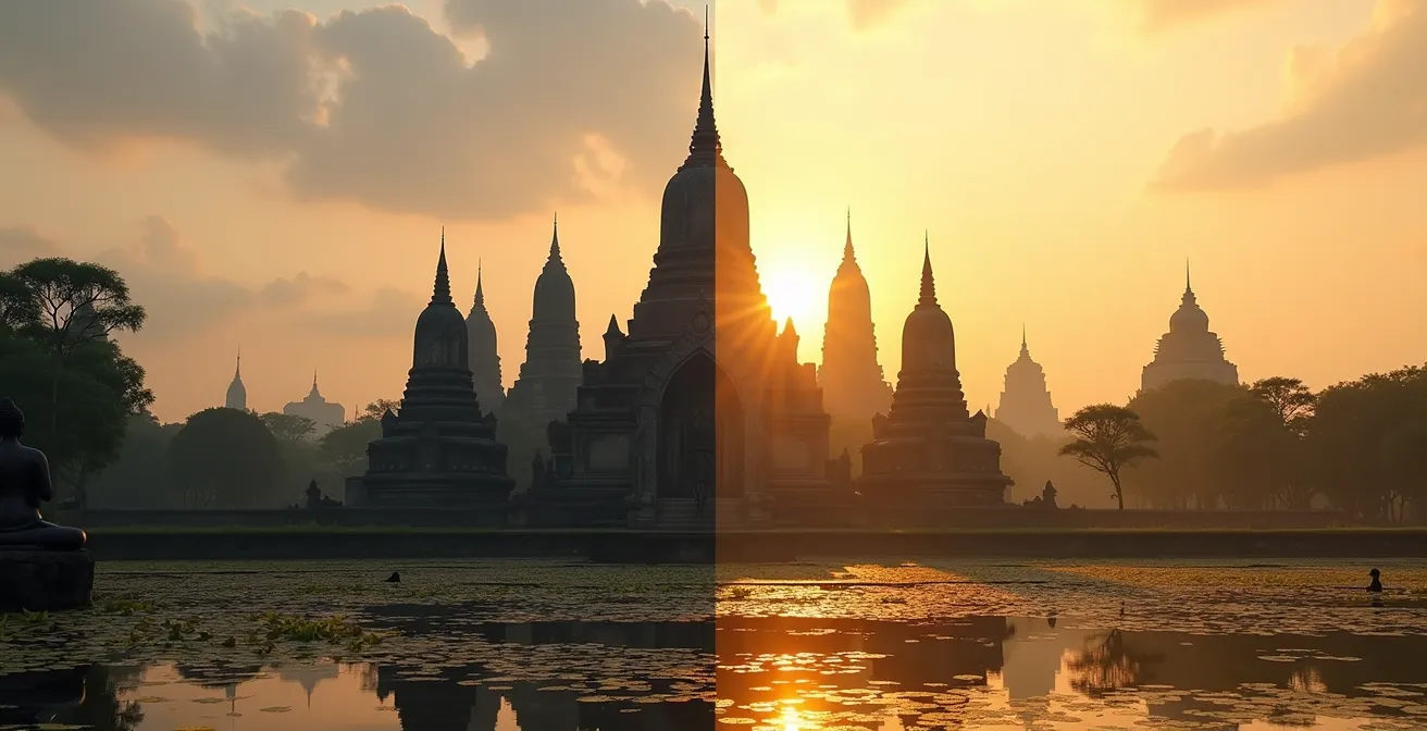 Vue comparative montrant l'architecture distinctive de Sukhothaï et d'Ayutthaya côte à côte