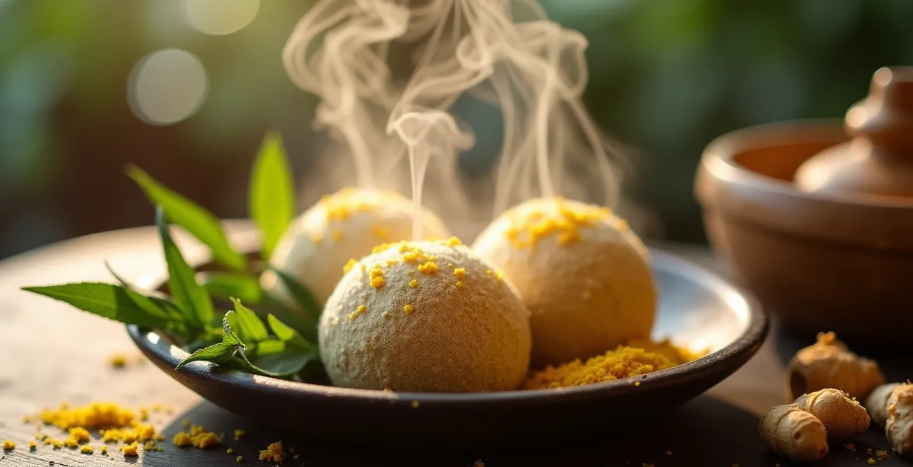 Compresses d'herbes thaïlandaises fumantes avec gingembre et tamarin sur plateau en bambou